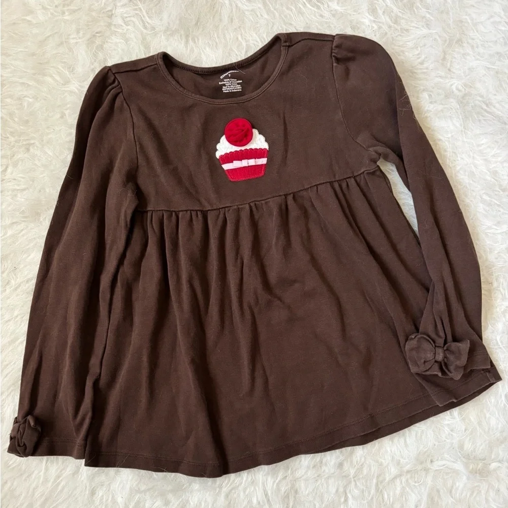 Gymboree Chocolate Brown Long Sleeve Babydoll Top with Cupcake Appliqué